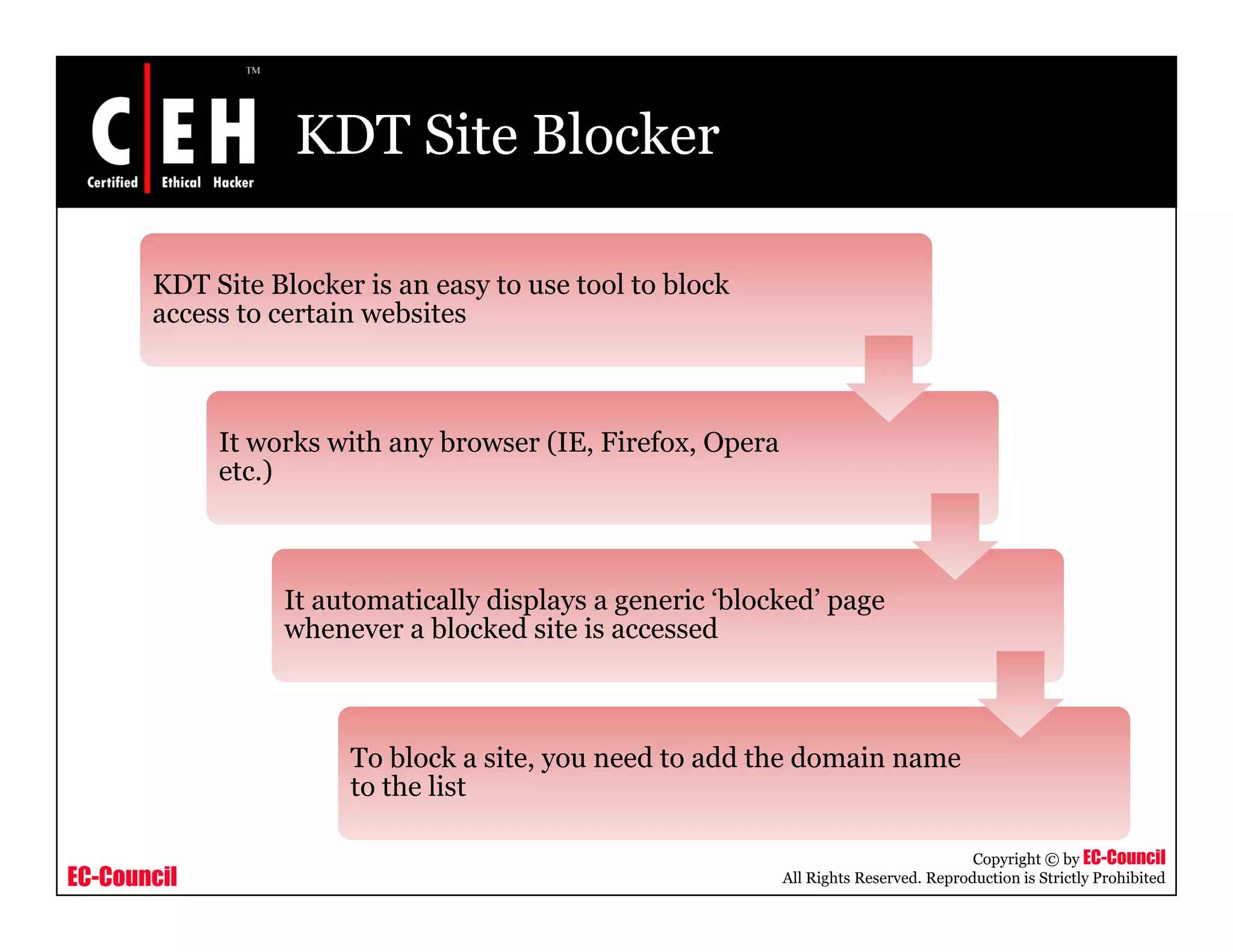 KDT Site Blocker

       KDT Site Blocker is an easy to use tool to block
                                  y
       access to certain websites



             It works with any browser (IE, Firefox, Opera
             etc.)



                  It automatically displays a generic ‘blocked’ page
                  whenever a blocked site is accessed



                       To block a site, you need to add the domain name
                       to the li
                           h list

                                                                                        Copyright © by EC-Council
EC-Council                                                   All Rights Reserved. Reproduction is Strictly Prohibited
 