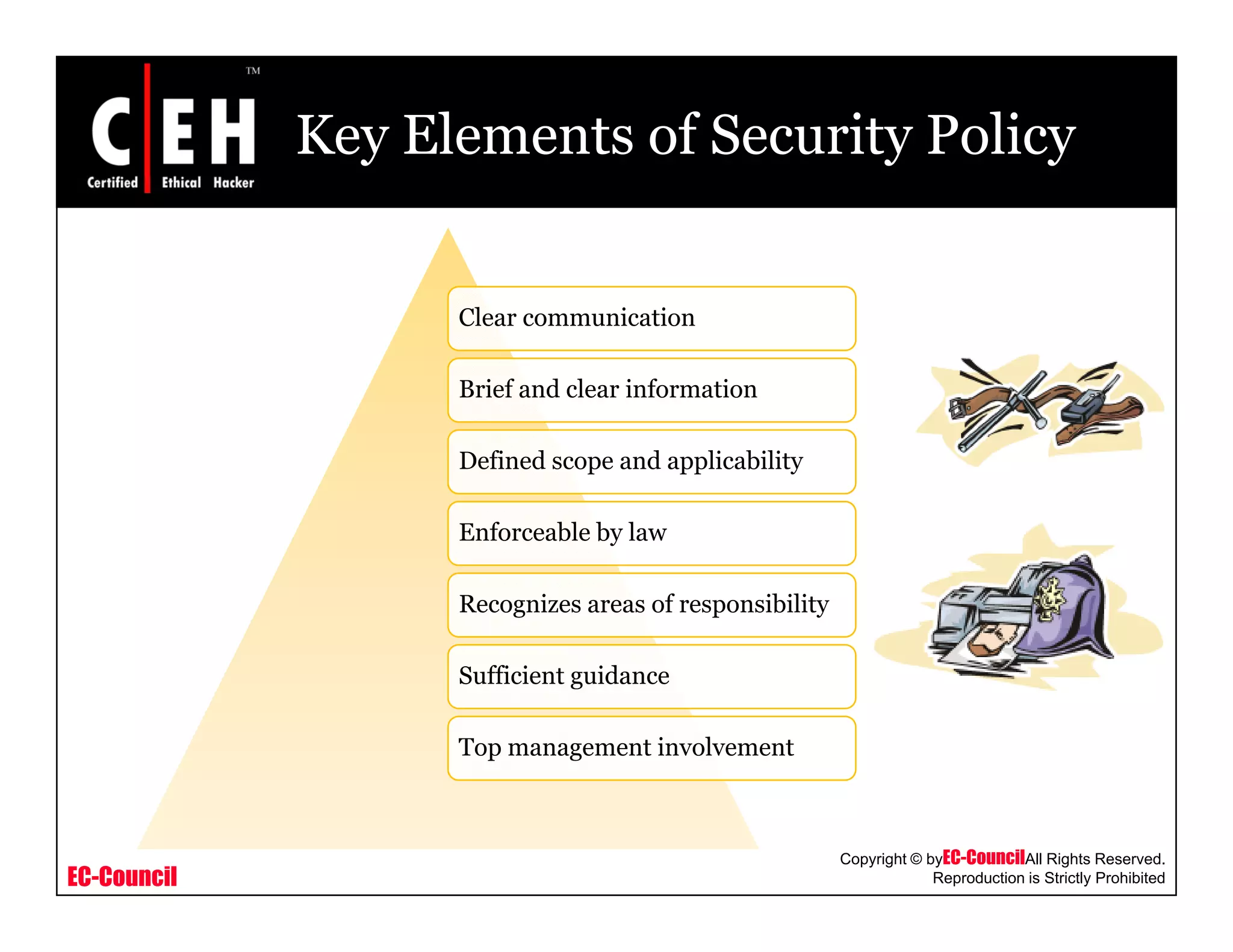 Key Elements of Security Policy
Clear communication
Brief and clear information
Defined scope and applicability
Enforceable by lawEnforceable by law
Recognizes areas of responsibility
Sufficient guidance
Top management involvement
EC-Council
Copyright © byEC-CouncilAll Rights Reserved.
Reproduction is Strictly Prohibited
 