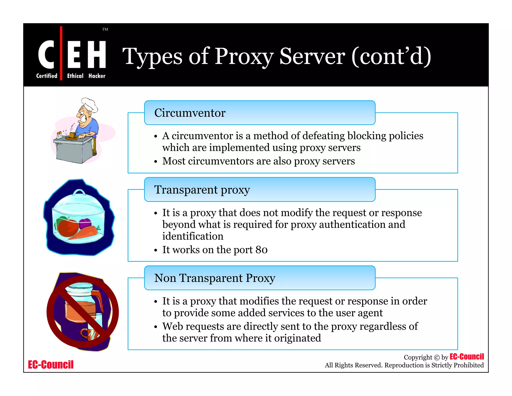 Types of Proxy Server (cont’d)
Circumventor
• A circumventor is a method of defeating blocking policies
which are implemented using proxy servers
• Most circumventors are also proxy servers
• It is a proxy that does not modify the request or response
be ond hat is required for pro authentication and
Transparent proxy
beyond what is required for proxy authentication and
identification
• It works on the port 80
• It is a proxy that modifies the request or response in order
to provide some added services to the user agent
W b di l h dl f
Non Transparent Proxy
EC-Council
Copyright © by EC-Council
All Rights Reserved. Reproduction is Strictly Prohibited
• Web requests are directly sent to the proxy regardless of
the server from where it originated
 
