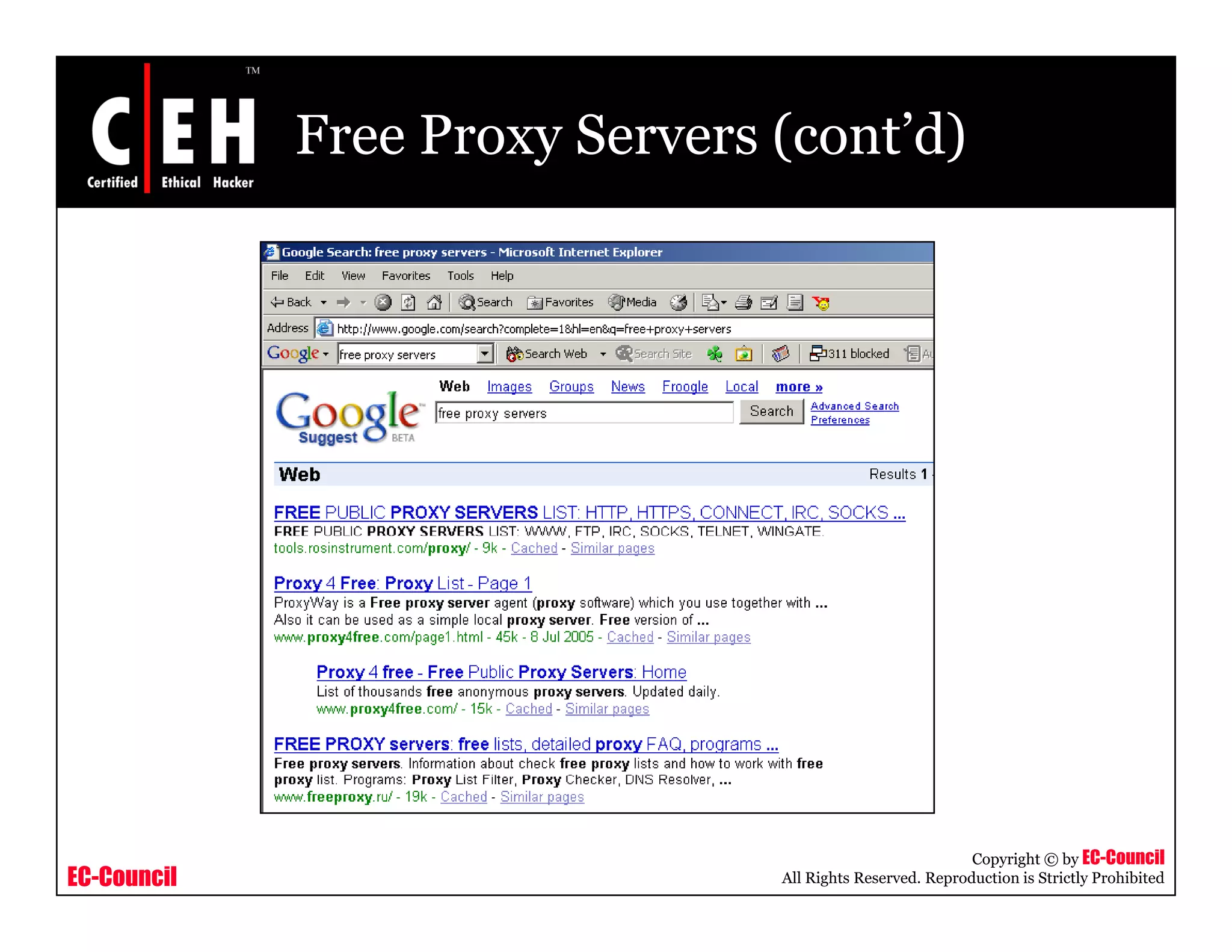 Free Proxy Servers (cont’d)
EC-Council
Copyright © by EC-Council
All Rights Reserved. Reproduction is Strictly Prohibited
 