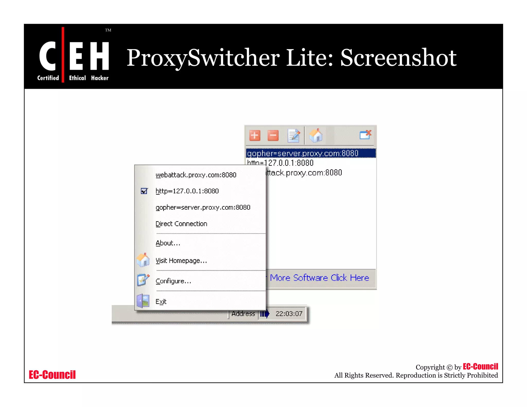 ProxySwitcher Lite: Screenshot
EC-Council
Copyright © by EC-Council
All Rights Reserved. Reproduction is Strictly Prohibited
 