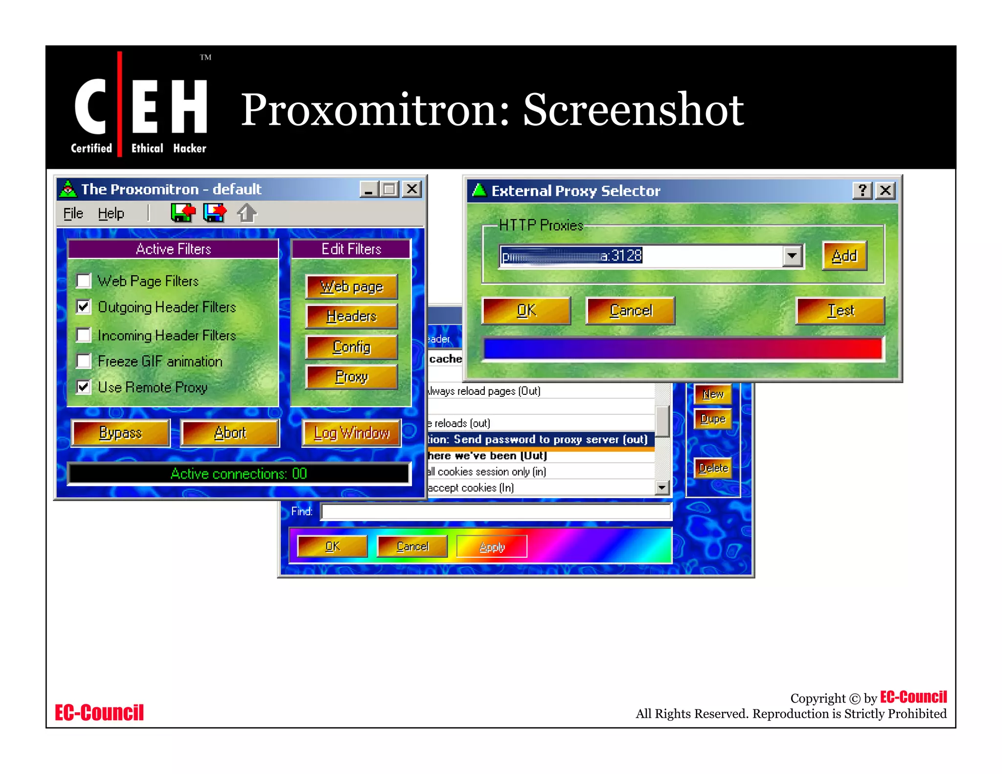Proxomitron: Screenshot
EC-Council
Copyright © by EC-Council
All Rights Reserved. Reproduction is Strictly Prohibited
 