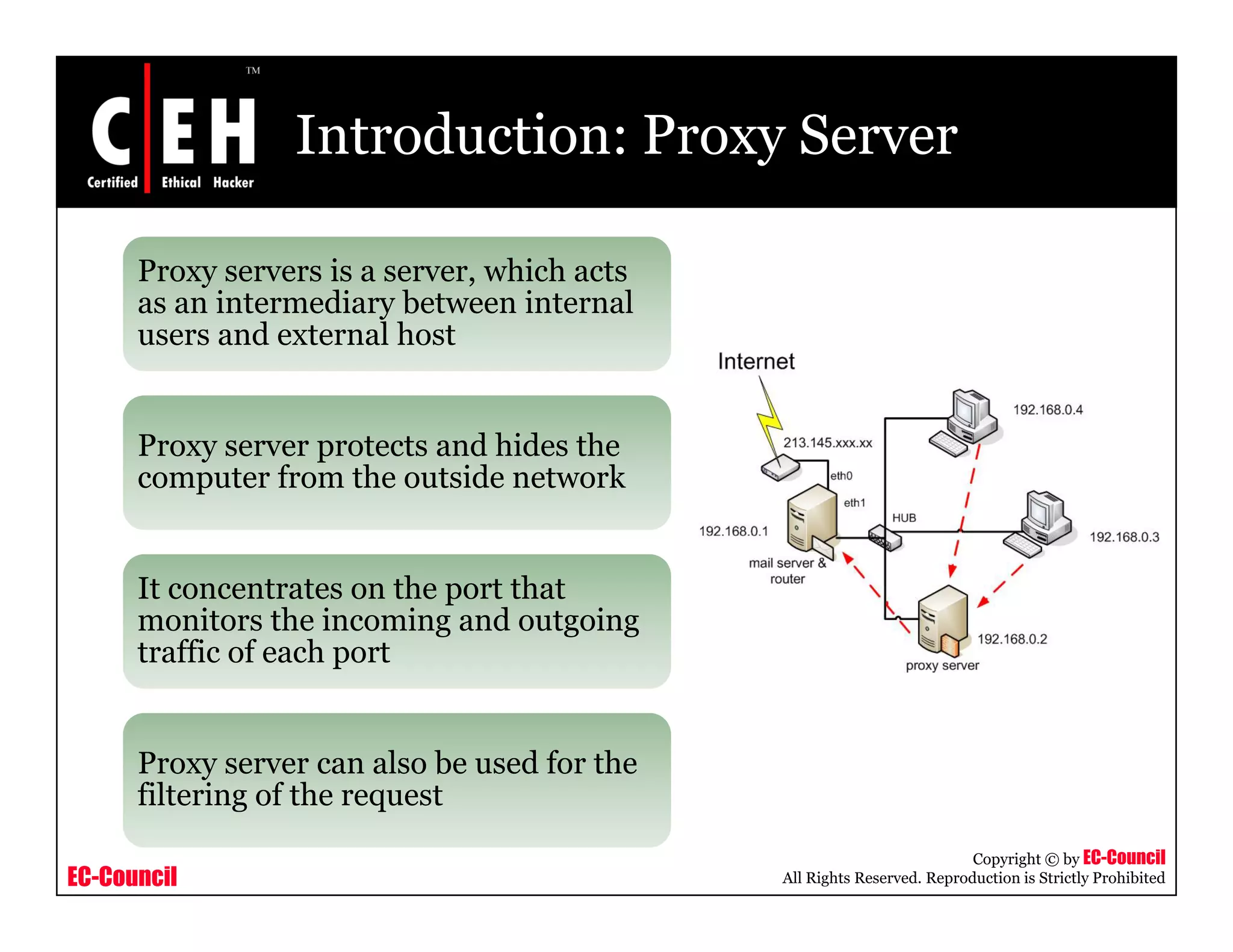 Introduction: Proxy Server
Proxy servers is a server, which acts
i t di b t i t las an intermediary between internal
users and external host
Proxy server protects and hides the
computer from the outside network
It concentrates on the port that
monitors the incoming and outgoing
traffic of each porttraffic of each port
Proxy server can also be used for the
EC-Council
Copyright © by EC-Council
All Rights Reserved. Reproduction is Strictly Prohibited
y
filtering of the request
 