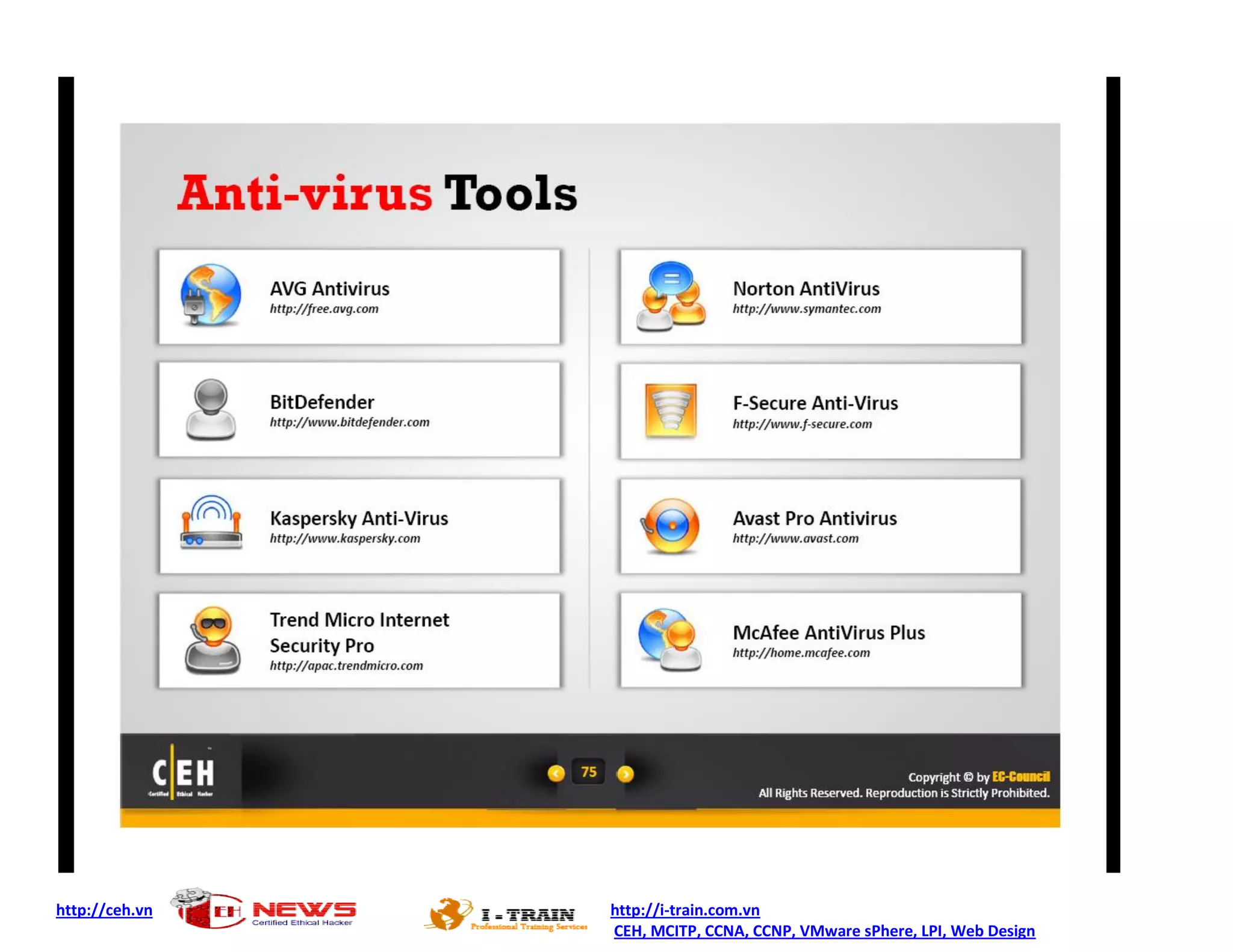 http://ceh.vn http://i-train.com.vn
CEH, MCITP, CCNA, CCNP, VMware sPhere, LPI, Web Design
 