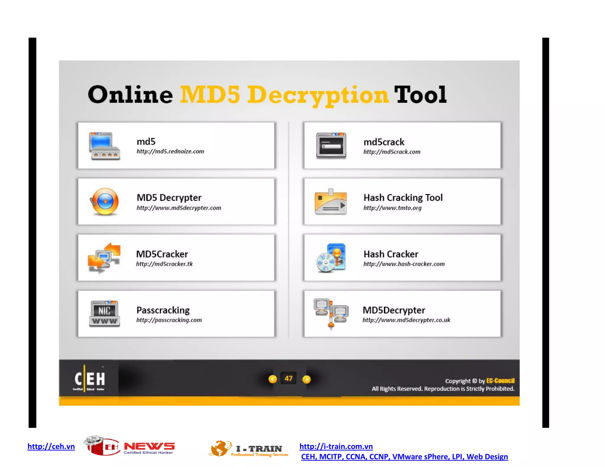 http://ceh.vn http://i-train.com.vn
CEH, MCITP, CCNA, CCNP, VMware sPhere, LPI, Web Design
 