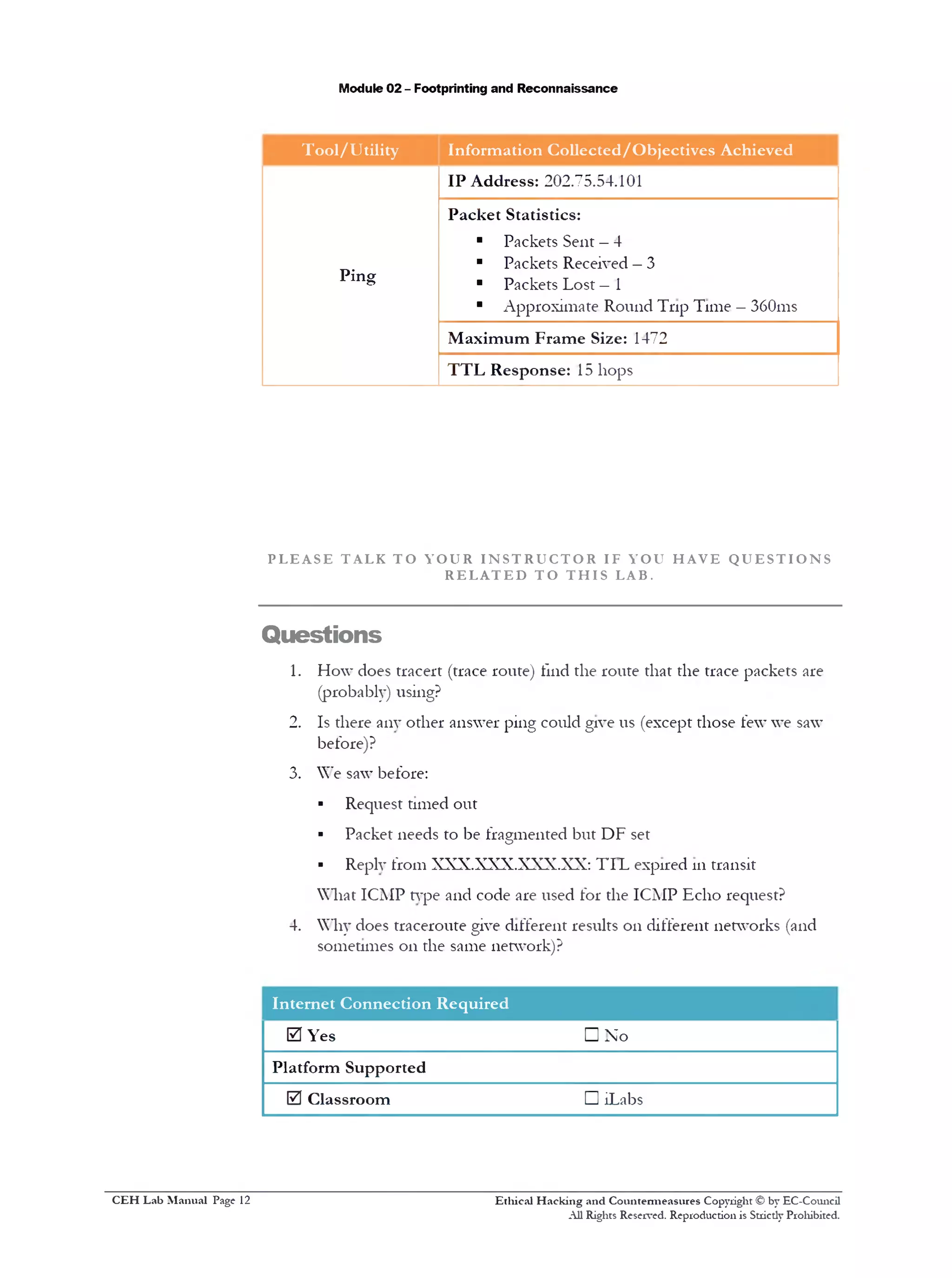 Module 02 - Footprinting and Reconnaissance
Tool/Utility Information Collected/Objectives Achieved
Ping
IP Address: 202.75.54.101
Packet Statistics:
■ Packets Sent —4
■ Packets Received —3
■ Packets Lost —1
■ Approximate Round Trip Time —360ms
Maximum Frame Size: 1472
TTL Response: 15 hops
P L E A S E T AL K T O Y O U R I N S T R U C T O R I F Y O U H A V E Q U E S T I O N S
R E L A T E D T O T H I S LAB.
Questions
1. How does tracert (trace route) find the route that the trace packets are
(probably) using?
2. Is there any other answer ping could give us (except those few we saw
before)?
3. We saw before:
‫י‬ Request timed out
‫י‬ Packet needs to be fragmented but DF set
‫י‬ Reply from XXX.XXX.XXX.XX: TI L expired 111transit
What ICMP type and code are used for the ICMP Echo request?
4. Why does traceroute give different results on different networks (and
sometimes on the same network)?
Internet Connection Required
0 Yes □ No
Platform Supported
0 Classroom D iLabs
Ethical H acking and Countermeasures Copyright © by EC-Council
All Rights Reserved. Reproduction is Stricdy Prohibited.
C EH Lab M anual Page 12
 