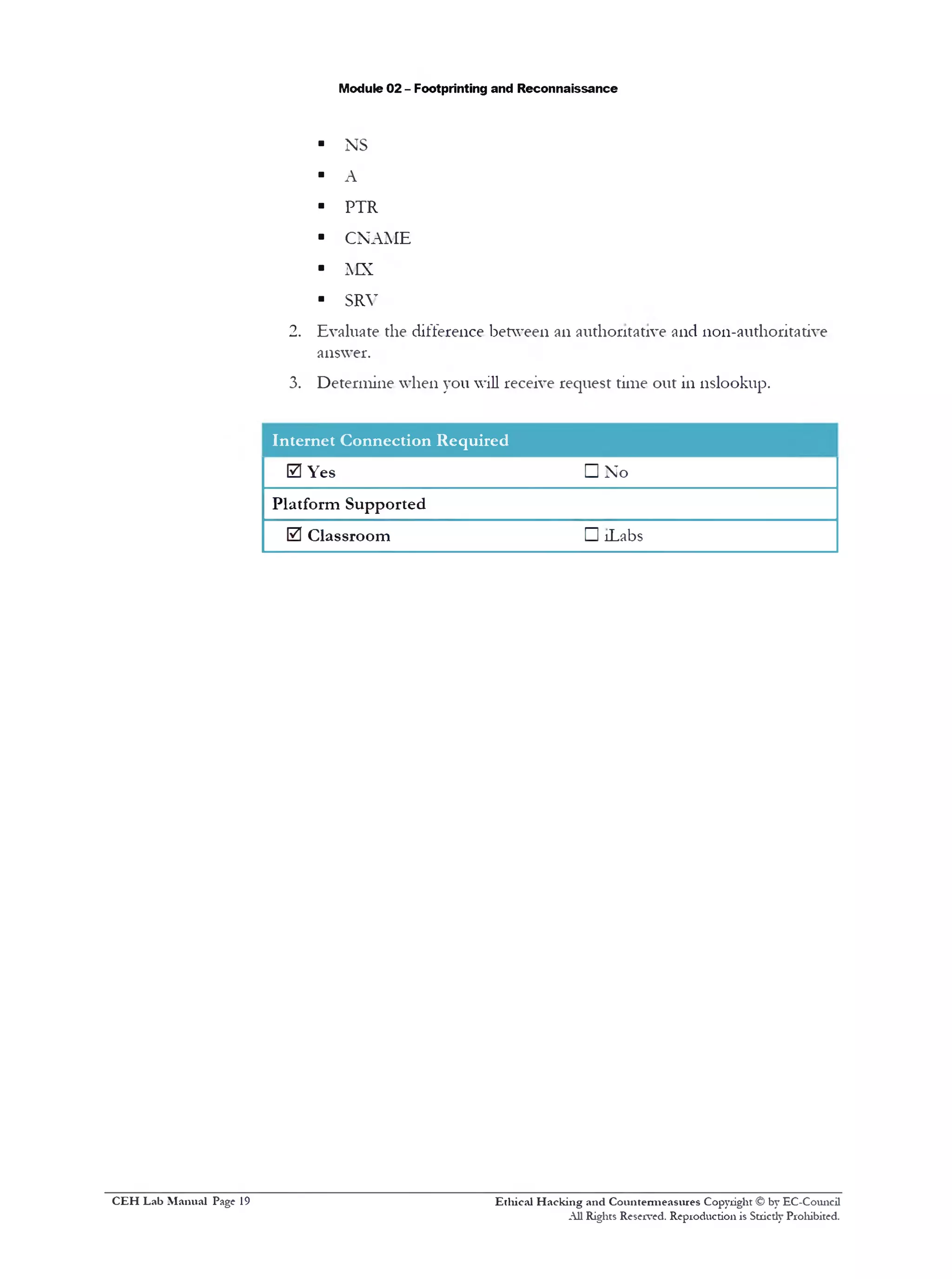 Module 02 - Footprinting and Reconnaissance
■ NS
■ A
■ PTR
■ CNAME
■ MX
■ SRY
2. Evaluate the difference between an authoritative and non-audioritative
answer.
3. Determine when you will receive request time out in nslookup.
Internet Connection Required
0 Yes □ No
Platform Supported
0 Classroom □ !Labs
Ethical H acking and Countermeasures Copyright © by EC-Council
All Rights Reserved. Reproduction is Stricdy Prohibited.
C EH Lab M anual Page 19
 