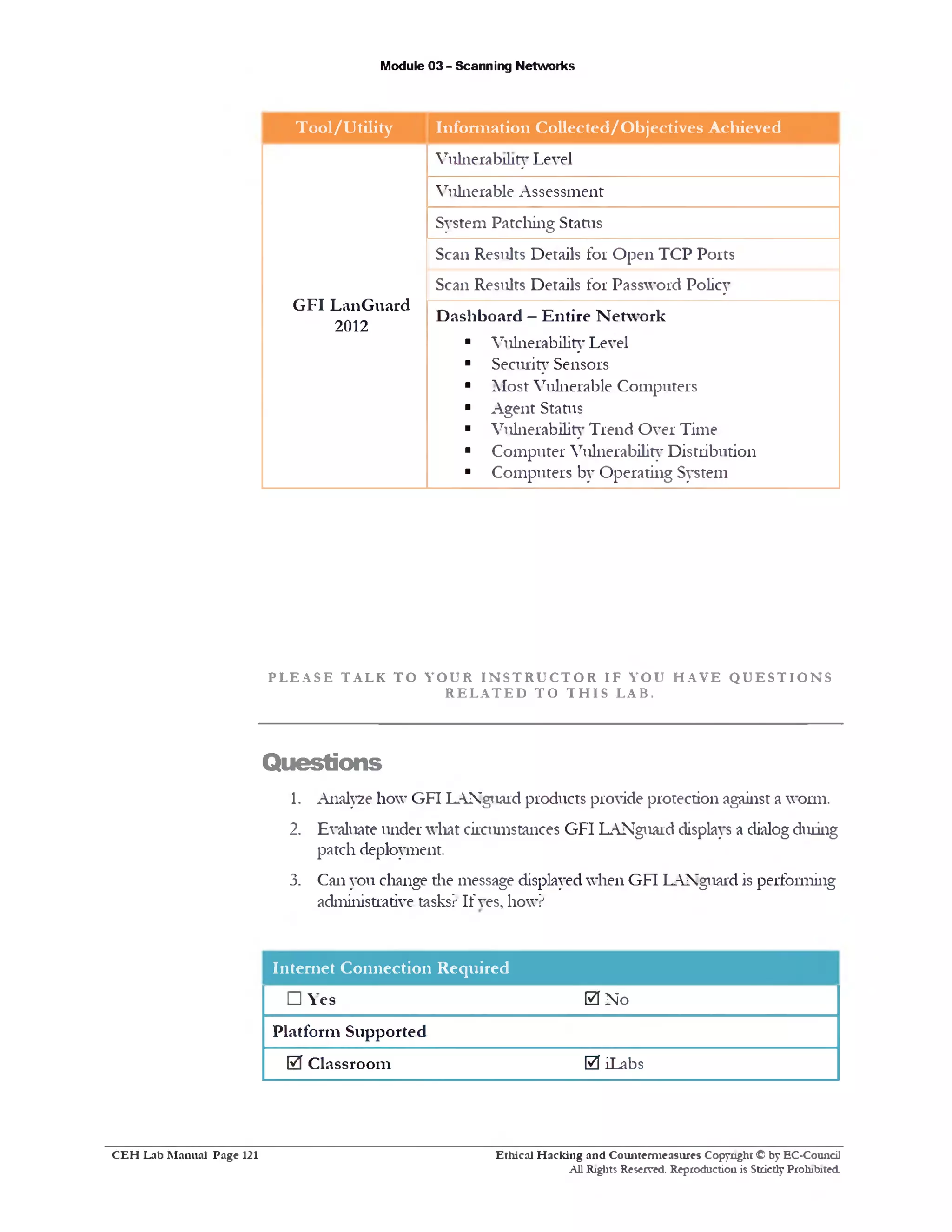 Module 03 - Scanning Networks
T ool/U tility Inform ation Collected/O bjectives Achieved
Vulnerability Level
Vulnerable Assessment
System Patching Status
Scan Results Details for Open TCP Ports
GFI LanG uard
2012
Scan Results Details for Password Policy
D ashboard - Entire N etw ork
■ Vulnerability Level
■ Security Sensors
■ Most Vulnerable Computers
■ Agent Status
■ Vulnerability Trend Over Time
■ Computer Vulnerability Distribution
■ Computers by Operating System
P L E A S E T A L K T O Y O U R I N S T R U C T O R I F Y O U H A V E Q U E S T I O N S
R E L A T E D T O T H I S L A B .
Questions
1. Analyze how GFI LANgtiard products provide protection against a worm.
2. Evaluate under what circumstances GFI LAXguard displays a dialog during
patch deployment.
3. Can you change die message displayed when GFI LANguard is performing
administrative tasks? If ves, how?
Internet Connection Required
□ Yes 0 No
Platform Supported
0 Classroom 0 iLabs
Ethical H acking and Counterm easures Copyright © by EC-Council
All Rights Reserved. Reproduction is Strictly Prohibited
C E H Lab M anual Page 121
 