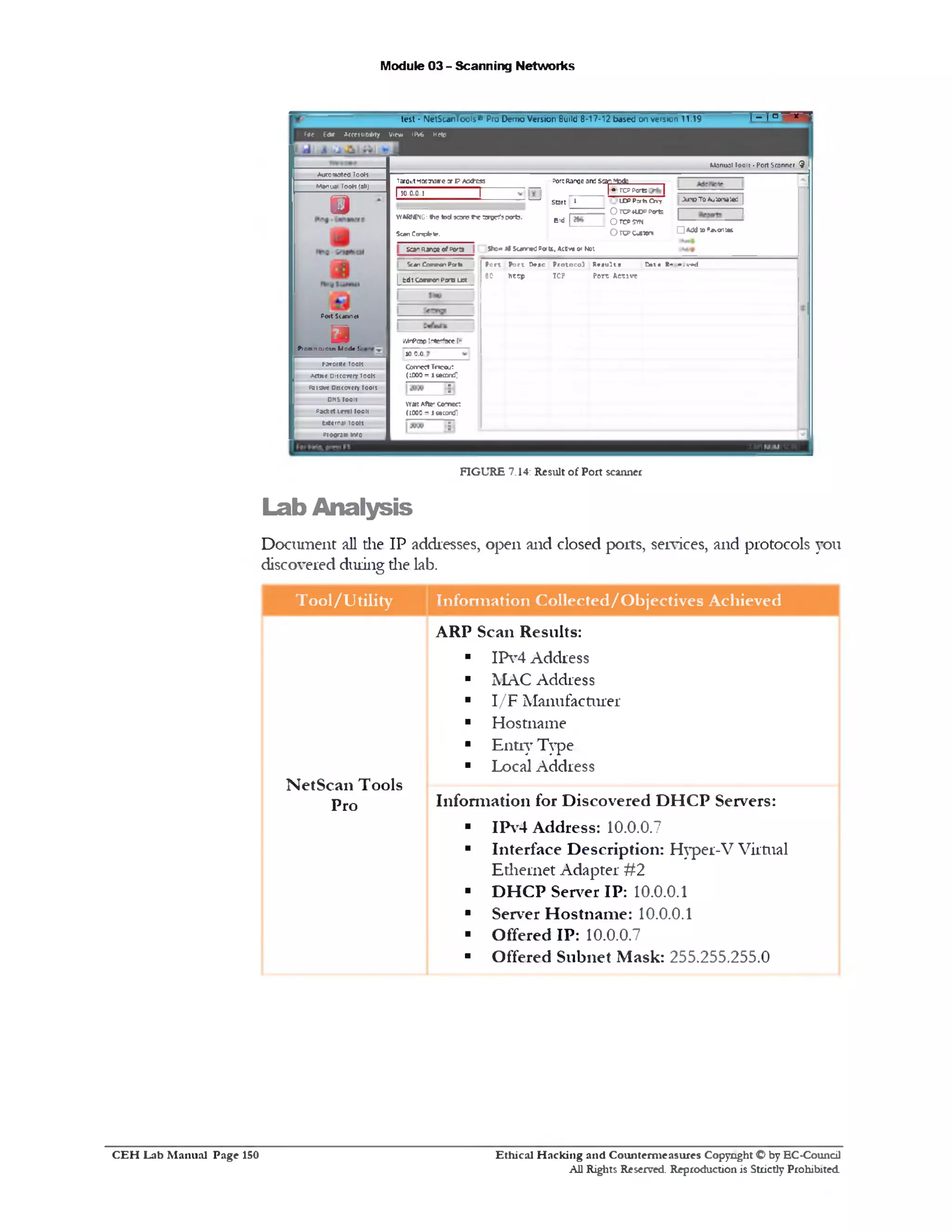 Module 03 - Scanning Networks
‫׳‬‫״‬‫־‬1-1°test - NetScanTools® Pro Demo Version Build 8-17-12 based on version 11.19
fte Ed* Accessibility View 6‫י)ו‬ Help
Manual Fools - Port Scanner ^
I • ■ ' T C P P o r t s I
PoreRange are! Sarvfcafc
LDP P3te Cny AripTO *utOHMted |
O TCP4UJPPorts ( I
Otcpsyn
OlCPaMM □^to^ont•
Start 1
B'd f a
T3r0ut HKTSire 3r P A:d‫£־‬S3
I10.0-01 I
WARNING: the- tod scan? r * rargrfr- ports.
Scan C irp lrtr.
Show Al Sanr«d Ports, Actlvi 0‫ז‬Not
P o rt P o rt D vac P ro to co l R e su lt■ O at• R» » .v » d
80 h te p TCP P o rt A c tiv e
R.anoc of ! v s‫״‬Sea
St* ‫י‬ Comnon Path
| &dtco n w > Parts Let
:‫־‬MrPasp:-ir-^acr
10.D.0.
Connect Trcout
( 100D= !second]
:
w a t Aftc‫׳‬ co‫>¥־‬co
( I COD - 1**tontf
:
FIGURE 7.14: Result of Port scanner
Automated Tool?
Manual Toots (alij
m
Port Stunner
JPro«ncuou5 Mode 1
f3vor1t* Tools
/»<t*‫«׳‬ Discoreiy Tools
Passr/t Discovery tools
DNS roois
p « * « t tm l loon
txttm ji Tools
Program inro
Lab Analysis
Document all die IP addresses, open and closed ports, services, and protocols you
discovered during die lab.
Tool/U tility Inform ation C ollected/O bjectives Achieved
ARP Scan Results:
■ IPv4 Address
■ MAC Address
■ I/F Manufacturer
■ Hostname
■ Entry Type
■ Local Address
N etScan Tools
p ro Inform ation for Discovered D H C P Servers:
■ IPv4 Address: 10.0.0.7
■ Interface Description: Hyper-V Virtual
Ethernet Adapter #2
■ D H C P Server IP: 10.0.0.1
■ Server H ostnam e: 10.0.0.1
■ Offered IP: 10.0.0.7
■ Offered Subnet Mask: 255.255.255.0
Ethical H acking and Counterm easures Copyright O by EC-Coundl
All Rights Reserved. Reproduction is Strictly Prohibited
C E H Lab M anual Page 150
 