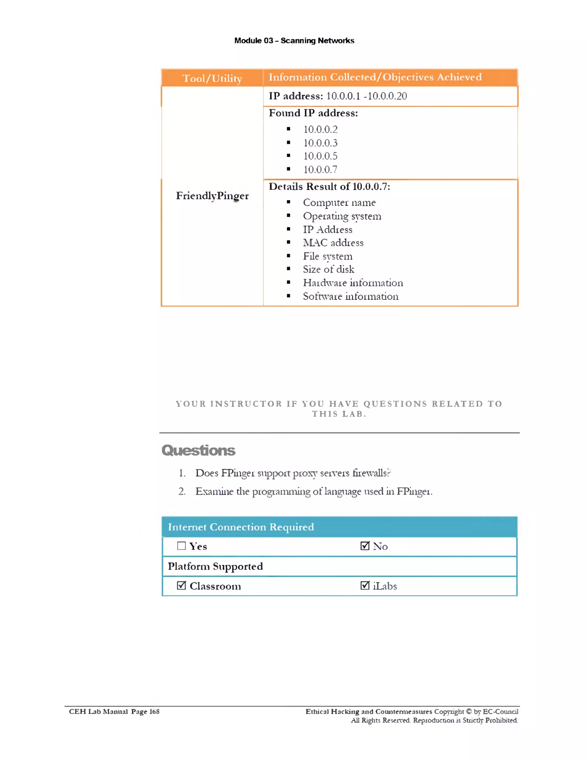 Module 03 - Scanning Networks
T ool/U tility Inform ation Collected/O bjectives Achieved
IP address: 10.0.0.1 -10.0.0.20
Found IP address:
■ 10.0.0.2
■ 10.0.0.3
■ 10.0.0.5
■ 10.0.0.7
Details Result of 10.0.0.7:
FriendlyPinger
■ Computer name
■ Operating system
■ IP Address
■ MAC address
■ File system
■ Size of disk
■ Hardware information
■ Software information
Y O U R I N S T R U C T O R I F Y O U H A V E Q U E S T I O N S R E L A T E D T O
T H I S L A B .
Questions
1. Does FPinger support proxy servers firewalls?
2. Examine the programming of language used in FPinger.
Internet Connection Required
□ Yes 0 No
Platform Supported
0 Classroom 0 iLabs
Ethical H acking and Counterm easures Copyright © by EC-Council
All Rights Reserved. Reproduction is Strictly Prohibited.
C E H Lab M anual Page 168
 