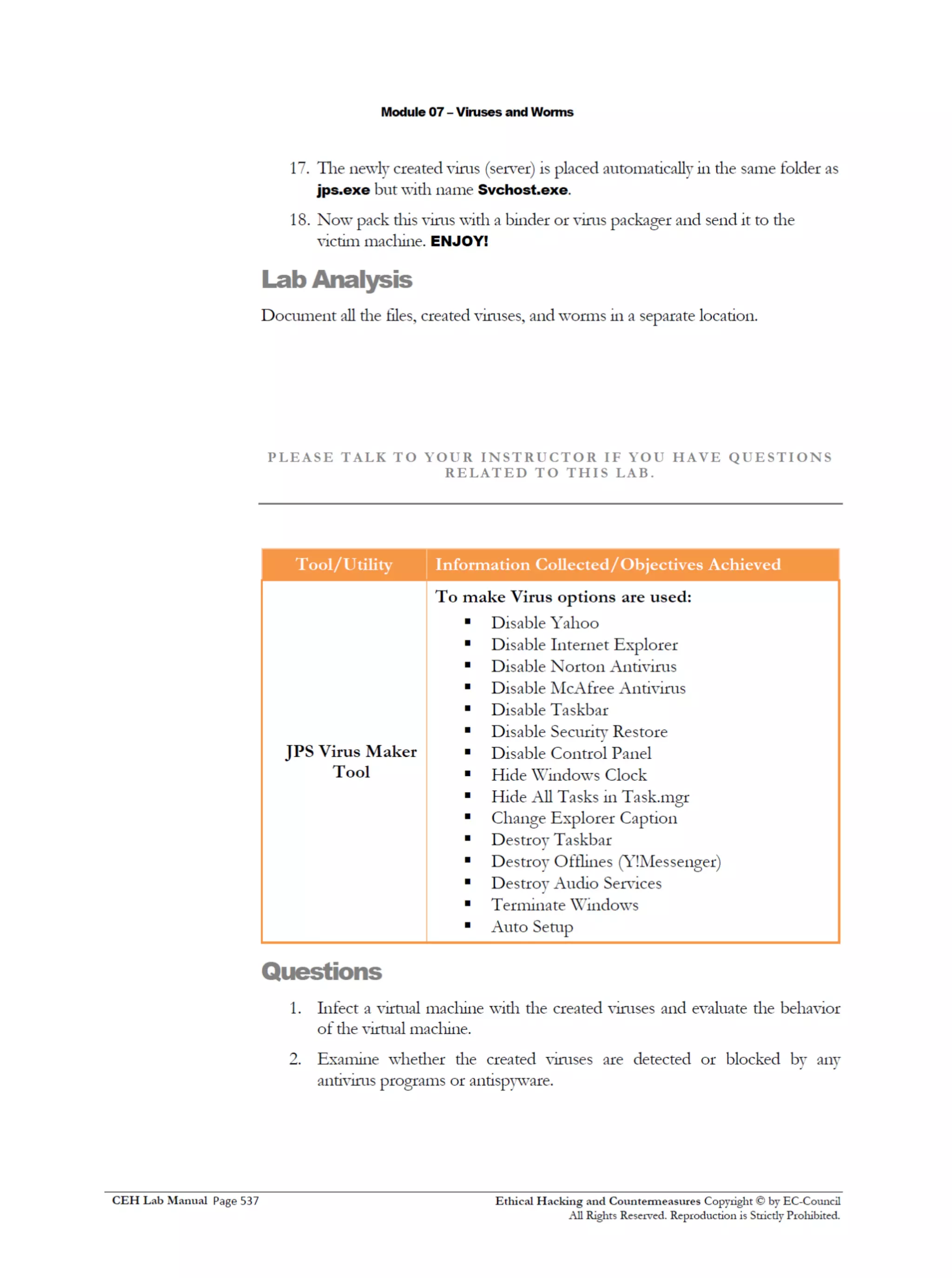 Cehv8 Labs - Module07: Viruses and Worms.