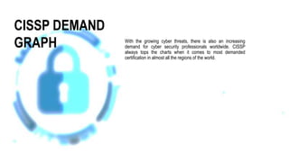 With the growing cyber threats, there is also an increasing
demand for cyber security professionals worldwide. CISSP
always tops the charts when it comes to most demanded
certification in almost all the regions of the world.
CISSP DEMAND
GRAPH
 