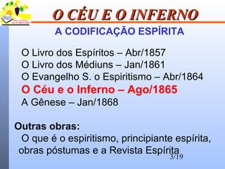 3/19
O CÉU E O INFERNOO CÉU E O INFERNO
A CODIFICAÇÃO ESPÍRITA
O Livro dos Espíritos – Abr/1857
O Livro dos Médiuns – Jan/1861
O Evangelho S. o Espiritismo – Abr/1864
O Céu e o Inferno – Ago/1865
A Gênese – Jan/1868
Outras obras:
O que é o espiritismo, principiante espírita,
obras póstumas e a Revista Espírita
 