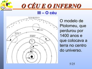5/25
O CÉU E O INFERNOO CÉU E O INFERNO
III – O céu
O modelo de
Ptolomeu, que
perdurou por
1400 anos e
que colocava a
terra no centro
do universo.
 