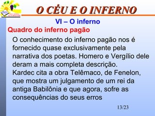 13/23
O CÉU E O INFERNOO CÉU E O INFERNO
VI – O inferno
Quadro do inferno pagão
O conhecimento do inferno pagão nos é
fornecido quase exclusivamente pela
narrativa dos poetas. Homero e Vergílio dele
deram a mais completa descrição.
Kardec cita a obra Telêmaco, de Fenelon,
que mostra um julgamento de um rei da
antiga Babilônia e que agora, sofre as
consequências do seus erros
 