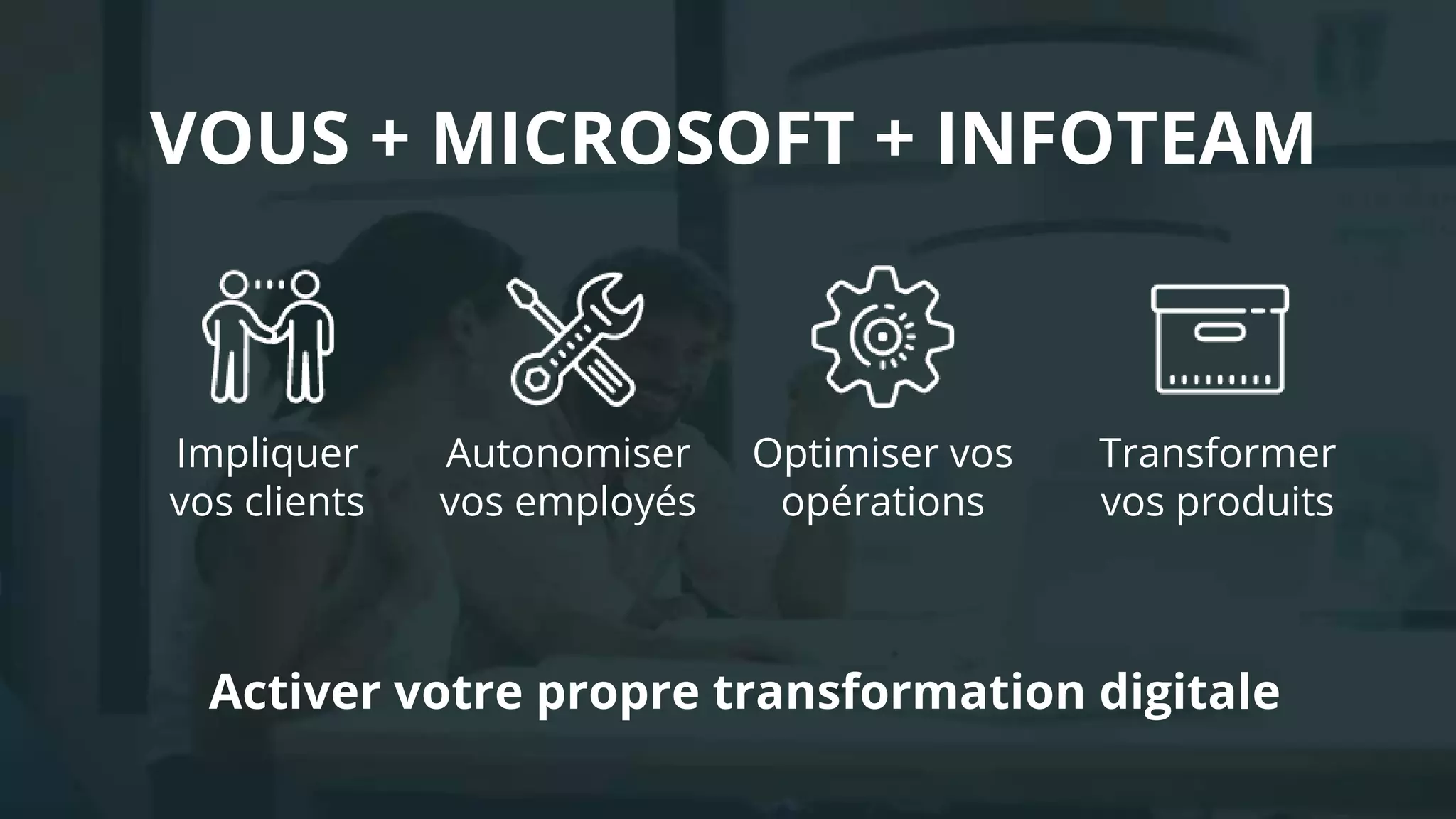 VOUS + MICROSOFT + INFOTEAM
Impliquer
vos clients
Autonomiser
vos employés
Optimiser vos
opérations
Transformer
vos produits
Activer votre propre transformation digitale
 