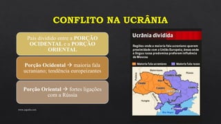 CONFLITO NA UCRÂNIA
País dividido entre a PORÇÃO
OCIDENTAL e a PORÇÃO
ORIENTAL
Porção Ocidental → maioria fala
ucraniano; tendência europeizantes
Porção Oriental → fortes ligações
com a Rússia
www.jografia.com
 
