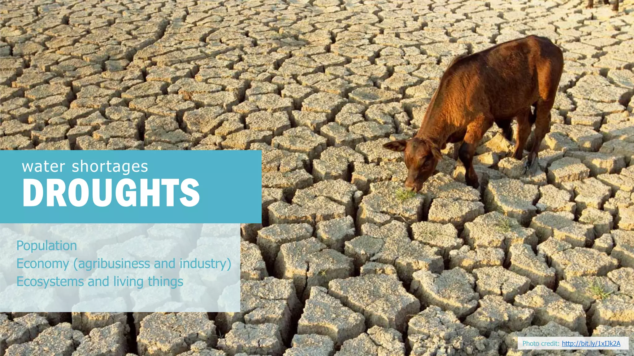Photo credit: http://bit.ly/1xIJk2A 
Population 
Economy (agribusiness and industry) 
Ecosystems and living things 
water shortages 
DROUGHTS  