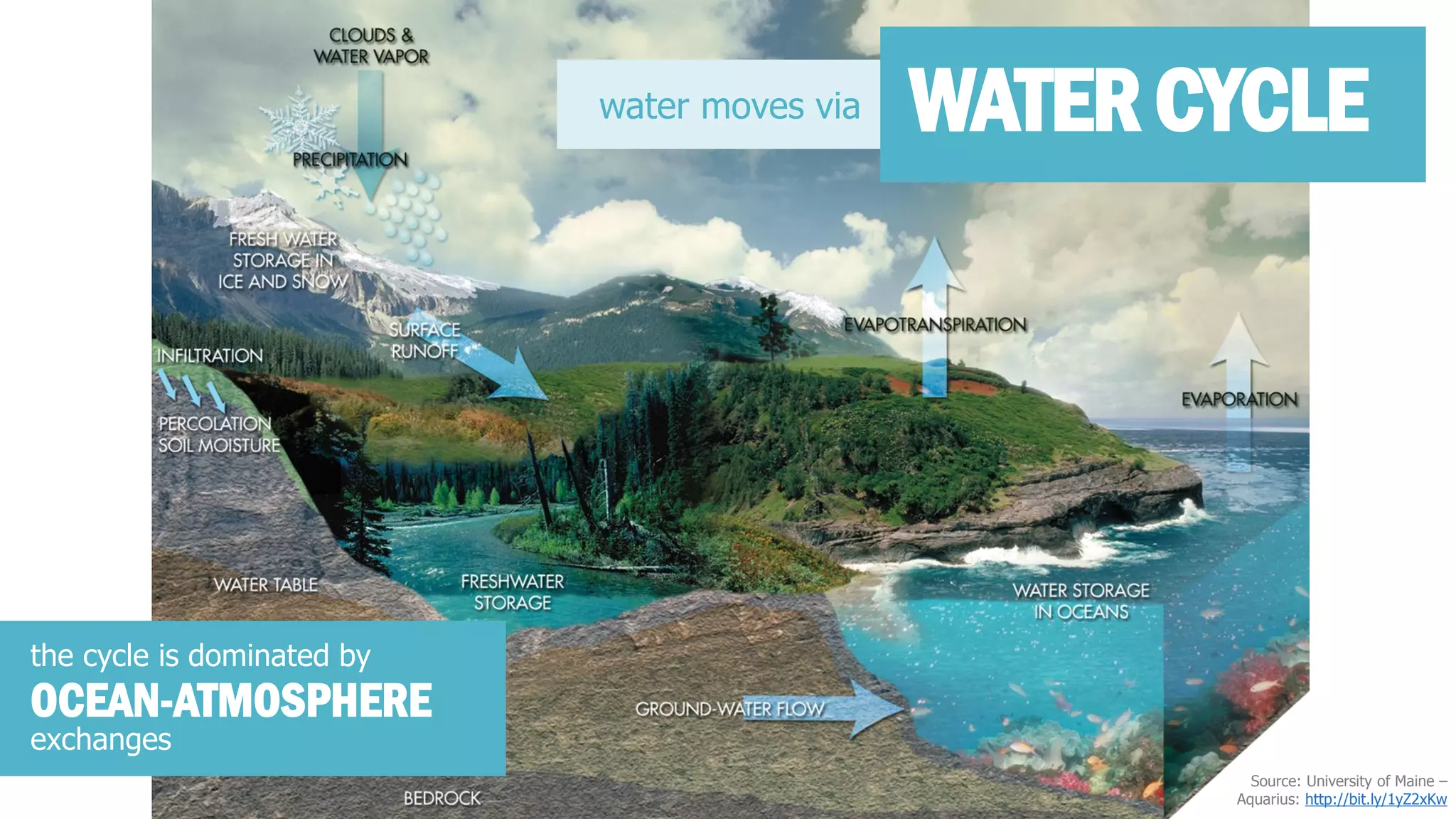 the cycle is dominated by 
OCEAN-ATMOSPHERE 
exchanges 
water moves via 
WATER CYCLE 
Source: University of Maine – Aquarius: http://bit.ly/1yZ2xKw  
