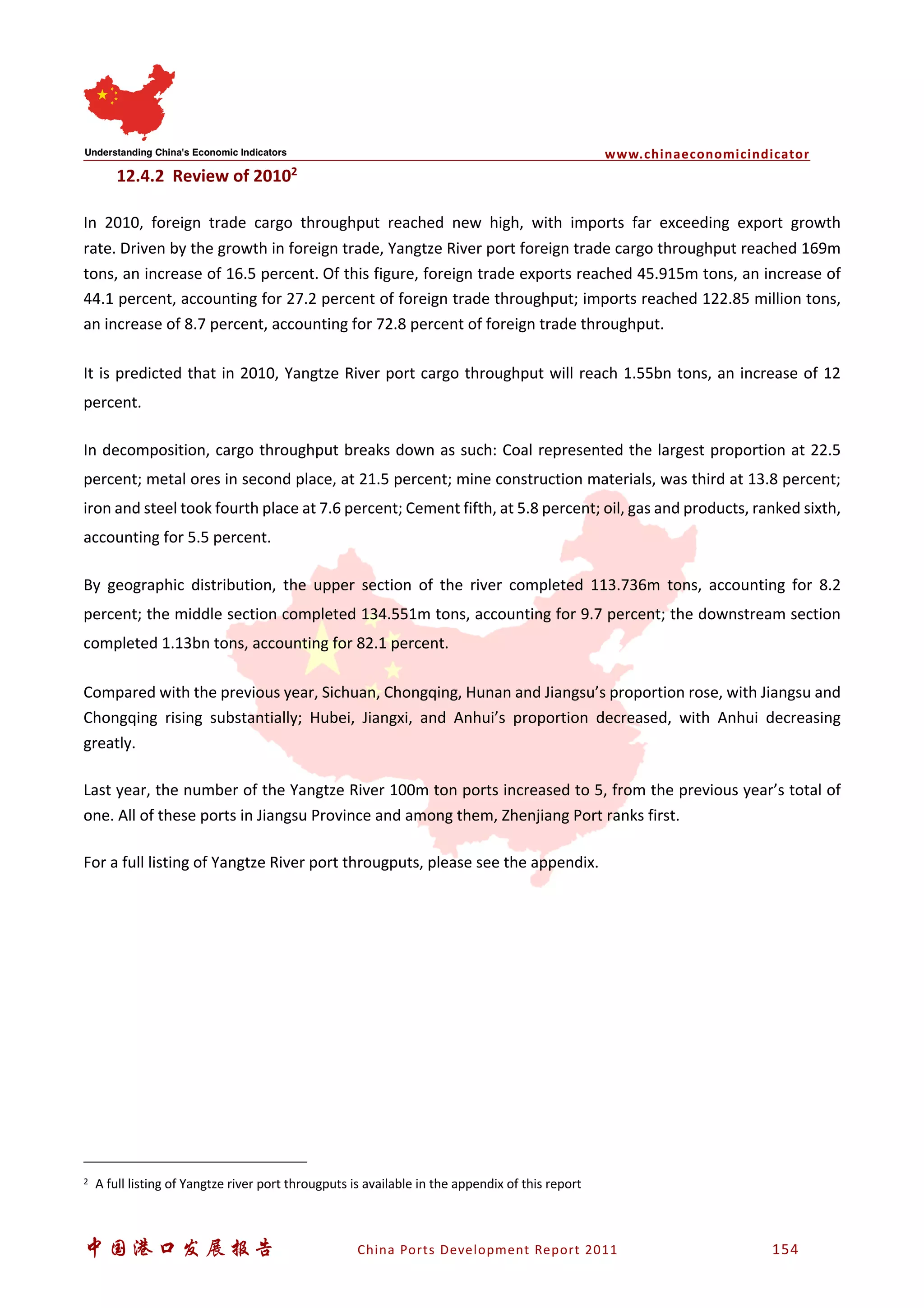 www.chinaeconomicindicator
中国港口发展报告 China Ports Development Report 2011 154
12.4.2 Review of 20102
In 2010, foreign trade cargo throughput reached new high, with imports far exceeding export growth
rate. Driven by the growth in foreign trade, Yangtze River port foreign trade cargo throughput reached 169m
tons, an increase of 16.5 percent. Of this figure, foreign trade exports reached 45.915m tons, an increase of
44.1 percent, accounting for 27.2 percent of foreign trade throughput; imports reached 122.85 million tons,
an increase of 8.7 percent, accounting for 72.8 percent of foreign trade throughput.
It is predicted that in 2010, Yangtze River port cargo throughput will reach 1.55bn tons, an increase of 12
percent.
In decomposition, cargo throughput breaks down as such: Coal represented the largest proportion at 22.5
percent; metal ores in second place, at 21.5 percent; mine construction materials, was third at 13.8 percent;
iron and steel took fourth place at 7.6 percent; Cement fifth, at 5.8 percent; oil, gas and products, ranked sixth,
accounting for 5.5 percent.
By geographic distribution, the upper section of the river completed 113.736m tons, accounting for 8.2
percent; the middle section completed 134.551m tons, accounting for 9.7 percent; the downstream section
completed 1.13bn tons, accounting for 82.1 percent.
Compared with the previous year, Sichuan, Chongqing, Hunan and Jiangsu’s proportion rose, with Jiangsu and
Chongqing rising substantially; Hubei, Jiangxi, and Anhui’s proportion decreased, with Anhui decreasing
greatly.
Last year, the number of the Yangtze River 100m ton ports increased to 5, from the previous year’s total of
one. All of these ports in Jiangsu Province and among them, Zhenjiang Port ranks first.
For a full listing of Yangtze River port througputs, please see the appendix.
2 A full listing of Yangtze river port througputs is available in the appendix of this report
 