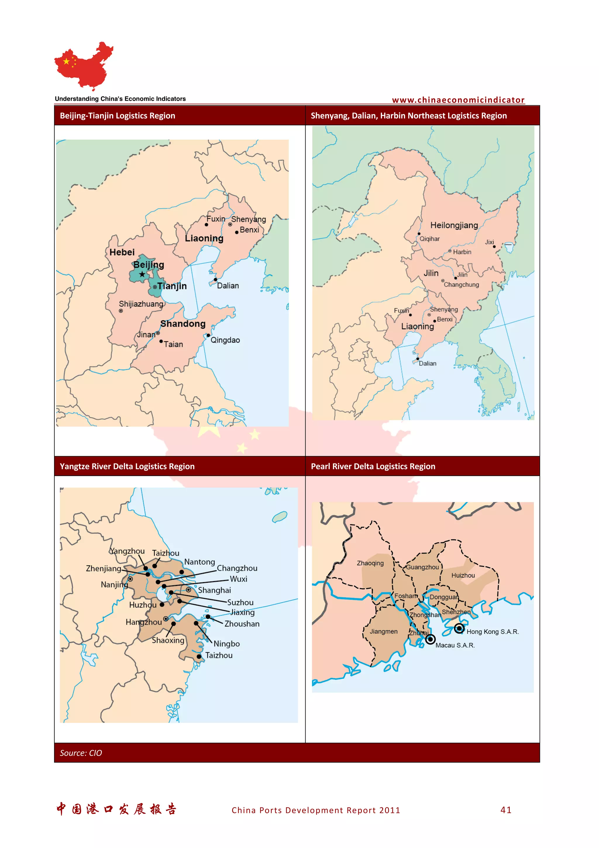 www.chinaeconomicindicator
中国港口发展报告 China Ports Development Report 2011 41
Beijing-Tianjin Logistics Region Shenyang, Dalian, Harbin Northeast Logistics Region
Yangtze River Delta Logistics Region Pearl River Delta Logistics Region
Source: CIO
 