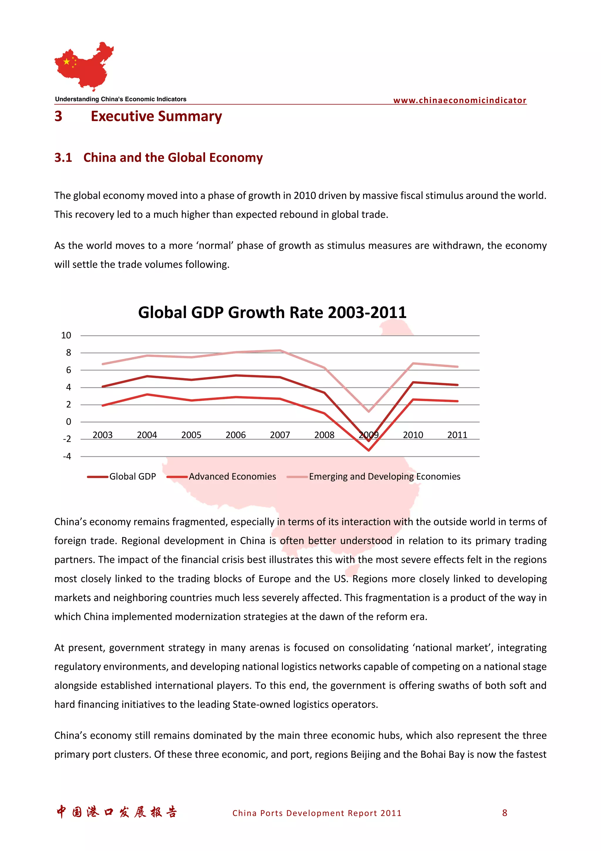 www.chinaeconomicindicator
中国港口发展报告 China Ports Development Report 2011 8
3 Executive Summary
3.1 China and the Global Economy
The global economy moved into a phase of growth in 2010 driven by massive fiscal stimulus around the world.
This recovery led to a much higher than expected rebound in global trade.
As the world moves to a more ‘normal’ phase of growth as stimulus measures are withdrawn, the economy
will settle the trade volumes following.
China’s economy remains fragmented, especially in terms of its interaction with the outside world in terms of
foreign trade. Regional development in China is often better understood in relation to its primary trading
partners. The impact of the financial crisis best illustrates this with the most severe effects felt in the regions
most closely linked to the trading blocks of Europe and the US. Regions more closely linked to developing
markets and neighboring countries much less severely affected. This fragmentation is a product of the way in
which China implemented modernization strategies at the dawn of the reform era.
At present, government strategy in many arenas is focused on consolidating ‘national market’, integrating
regulatory environments, and developing national logistics networks capable of competing on a national stage
alongside established international players. To this end, the government is offering swaths of both soft and
hard financing initiatives to the leading State-owned logistics operators.
China’s economy still remains dominated by the main three economic hubs, which also represent the three
primary port clusters. Of these three economic, and port, regions Beijing and the Bohai Bay is now the fastest
-4
-2
0
2
4
6
8
10
2003 2004 2005 2006 2007 2008 2009 2010 2011
Global GDP Growth Rate 2003-2011
Global GDP Advanced Economies Emerging and Developing Economies
 