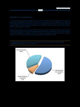 EL COMERCIO ELECTRÓNICO   9
                                                CMT




NÚMERO DE TRANSACCIONES
El número de transacciones realizadas durante el primer trimestre de 2011 siguió la distribución por
segmentación geográfica contemplada en el volumen de negocio: es decir, el mayor peso correspondió
a las transacciones desde España con el exterior, que representaron el 52,4% del volumen total; en
segundo lugar, el comercio dentro de España, con un 38,4% y, en tercero, las transacciones desde el
exterior con España, con un 9,2%.

Respecto al comportamiento del volumen total de transacciones en comparación con el cuarto trimestre
del año 2010, dos de los tres segmentos registraron una variación ascendente. En concreto, las opera-
ciones desde España con el exterior crecieron un 7,6% y las operaciones desde el exterior con España
subieron un 30,1%. Las operaciones dentro de España disminuyeron un 0,8%




7. NÚMERO DE TRANSACCIONES DEL COMERCIO ELECTRÓNICO SEGMENTADO
 GEOGRÁFICAMENTE (I-11, porcentaje)
 
