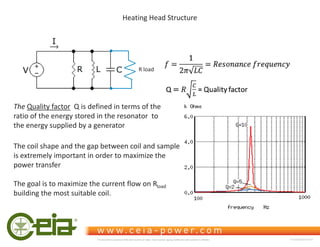 Heating Head Structure
The Quality factor Q is defined in terms of the
ratio of the energy stored in the resonator to
the energy supplied by a generator
The coil shape and the gap between coil and sample
is extremely important in order to maximize the
power transfer
The goal is to maximize the current flow on Rload
building the most suitable coil.
R load
This document is property of CEIA which reserves all rights. Total or partial copying, modification and translation is forbidden FC040K0068V1000UK
 