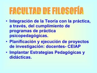 Integración de la Teoría con la práctica, a través, del cumplimiento de programas de práctica psicopedagógicas. Planificación y ejecución de proyectos de investigación: docentes- CEIAP Implantar Estrategias Pedagógicas y didácticas. FACULTAD DE FILOSOFÍA 