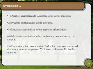 Evaluación ... 1) Análisis cualitativo de las anotaciones de las maestras. 2) Pruebas normalizadas de fin de curso. 3) Medidas cuantitativas sobre aspectos informáticos. 4) Medidas cuantitativas sobre logística y mantenimiento de equipos. 5) Encuestas a los involucrados. Todos los maestros, muestra de alumnos y muestra de padres. Ya fueron realizadas. En las dos escuelas. 