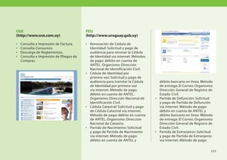 OSE                                      PEU
(http://www.ose.com.uy)                  (http://www.uruguay.gub.uy)

•   Consulta e Impresión de Factura.     • Renovación de Cédula de
•   Consulta Consumos.                     Identidad: Solicitud y pago de
•   Descarga de Reglamentos.               audiencia para renovar la Cédula
•   Consulta e Impresión de Pliegos de     de Identidad vía internet. Métodos
    Compras.                               de pago: débito en cuenta de
                                           ANTEL. Organismo: Dirección
                                           Nacional de Identificación Civil.
                                         • Cédula de Identidad por
                                           primera vez: Solicitud y pago de
                                           audiencia para tramitar la Cédula      débito bancario en línea. Método
                                           de Identidad por primera vez           de entrega: El Correo. Organismo:
                                           vía internet. Método de pago:          Dirección General de Registro de
                                           débito en cuenta de ANTEL.             Estado Civil.
                                           Organismo: Dirección Nacional de     • Partida de Defunción: Solicitud
                                           Identificación Civil.                  y pago de Partida de Defunción
                                         • Cédula Catastral: Solicitud y pago     vía internet. Método de pago:
                                           de Cédula Catastral vía internet.      débito en cuenta de ANTEL y
                                           Método de pago: débito en cuenta       débito bancario en línea. Método
                                           de ANTEL. Organismo: Dirección         de entrega: El Correo. Organismo:
                                           Nacional de Catastro.                  Dirección General de Registro de
                                         • Partida de Nacimiento: Solicitud       Estado Civil.
                                           y pago de Partida de Nacimiento      • Partida de Extranjeros: Solicitud
                                           vía internet. Método de pago:          y pago de Partida de Extranjeros
                                           débito en cuenta de ANTEL y            vía internet. Método de pago:

                                                                                                                 255
 