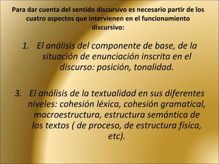 Para dar cuenta del sentido discursivo es necesario partir de los cuatro aspectos que intervienen en el funcionamiento discursivo: El análisis del componente de base, de la situación de enunciación inscrita en el discurso: posición, tonalidad. El análisis de la textualidad en sus diferentes niveles: cohesión léxica, cohesión gramatical, macroestructura, estructura semántica de los textos ( de proceso, de estructura física, etc). 