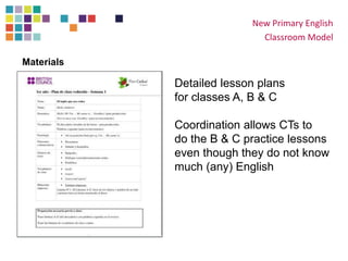New Primary English
Classroom Model
Detailed lesson plans
for classes A, B & C
Coordination allows CTs to
do the B & C practice lessons
even though they do not know
much (any) English
Materials
 