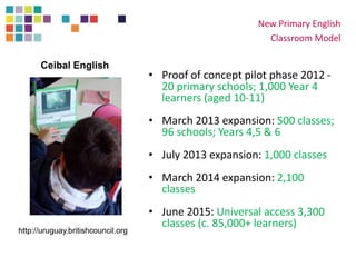 New Primary English
Classroom Model
• Proof of concept pilot phase 2012 -
20 primary schools; 1,000 Year 4
learners (aged 10-11)
• March 2013 expansion: 500 classes;
96 schools; Years 4,5 & 6
• July 2013 expansion: 1,000 classes
• March 2014 expansion: 2,100
classes
• June 2015: Universal access 3,300
classes (c. 85,000+ learners)
http://uruguay.britishcouncil.org
Ceibal English
 