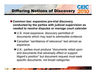 Differing Notions of Discovery

 Common law: expansive pre-trial discovery y
  conducted by the parties with judicial supervision as
  needed to resolve disputes or manage court calendar
   U S most expansive: di
    U.S.   t        i   discovery permitted of
                                      itt d f
    documents which may lead to admissible evidence
   Canadian “semblance of relevance test almost as
              semblance relevance”
    expansive
   U.K.: parties must p
           p             produce “documents relied upon
                                                    p
    and documents that adversely affect or support
    litigant’s position” but document request must seek
    specific documents not broad categories
              documents,

                                                          P A G E   10
 