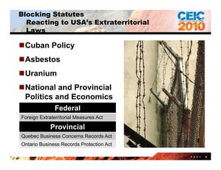 Blocking Statutes
  Reacting to USA’s Extraterritorial
  Laws

Cuban Policy
Asbestos
Uranium
National and Provincial
 Politics and Economics
               Federal
Foreign Extraterritorial Measures Act

             Provincial
Quebec Business Concerns Records Act
Ontario Business Records Protection Act

                                          P A G E   30
 