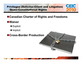 Privileges (Solicitor-Client and Litigation)
  Quasi-Constitutional Rights

Canadian Charter of Rights and Freedoms
Waiver
   Explicit
      p
   Implicit

Cross-Border Production




                                               P A G E   31
 