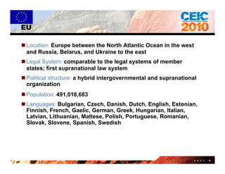 EU

 Location: Europe between the North Atlantic Ocean in the west
  and Russia, Belarus, and Ukraine to the east
              ,       ,
 Legal System: comparable to the legal systems of member
  states; first supranational law system
 P liti l structure: a h b id intergovernmental and supranational
  Political t t         hybrid i t           t l d          ti   l
  organization
 Population: 491,018,683
 Languages: Bulgarian, Czech, Danish, Dutch, English, Estonian,
  Finnish, French, Gaelic, German, Greek, Hungarian, Italian,
  Latvian, Lithuanian, Maltese, Polish, Portuguese, Romanian,
  Slovak, Slovene, Spanish, Swedish




                                                                  P A G E   49
 