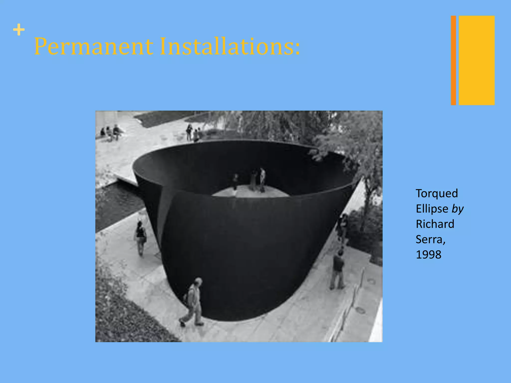 +
    Permanent Installations:




                               Torqued
                               Ellipse by
                               Richard
                               Serra,
                               1998
 