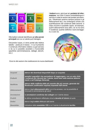 22
MARZO 2021
CEIAGORÀ
Otto bottoni colorati identificano gli otto servizi
principali con cui un utente può interagire.
Cliccandovi sopra, si viene portati alla relativa
tabella – posta più in basso – in cui è presente
il contenuto informativo relativo a quel servizio
e da cui è possibile accedere a funzionalità
specifiche (amministrazione, dettagli, elenchi,
ecc.)
Acquisti elenco dei download disponibili dopo un acquisto
Preferiti
semplici segnalibri che permettono di raggiungere, con un solo click,
i contenuti più rilevanti per l’utente, siano essi nella sezione abbona-
menti o nel Catalogo Generale
Notifiche
elenco delle notifiche,dalla più recente alla più remota, generate dai
Bookmark (notification request) impostati dall’utente
Abbonamenti
elenco degli abbonamenti attivi cui si ha accesso, con la possibilità di
rinnovarli e amministrarne gli utenti
Annotazioni le annotazioni condivise dai colleghi con l’utente stesso
ProDiS le ultime consultazioni effettuate circa la densità di fulmini al suolo
Ordini elenco degli ordini effettuati dall’utente
Newsletter indicatore delle newsletter CEI a cui l’utente è attualmente iscritto
I bottoni sono, già di per sé, portatori di infor-
mazione: non solo il colore contraddistingue il
servizio in tutte le sezioni del portale (ad esem-
pio, i Bookmark saranno sempre porpora e gli
Abbonamenti blu), ma contengono anche una
quantificazione del contenuto della sezione: a
colpo d’occhio è possibile capire, ad esempio,
quanti abbonamenti sono attivi, se ve ne sono
in scadenza, quante notifiche vi sono da legge-
re, e così via.
Ecco le otto sezioni che costituiscono la nuova dashboard:
 