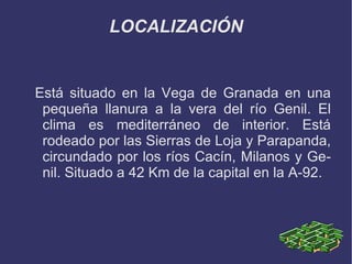 LOCALIZACIÓN


Está situado en la Vega de Granada en una
 pequeña llanura a la vera del río Genil. El
 clima es mediterráneo de interior. Está
 rodeado por las Sierras de Loja y Parapanda,
 circundado por los ríos Cacín, Milanos y Ge-
 nil. Situado a 42 Km de la capital en la A-92.
 
