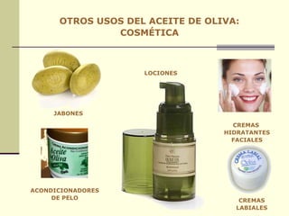 OTROS USOS DEL ACEITE DE OLIVA: COSMÉTICA CREMAS  HIDRATANTES FACIALES ACONDICIONADORES DE PELO CREMAS LABIALES JABONES LOCIONES 