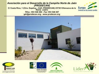 Asociación para el Desarrollo de la Campiña Norte de Jaén (PRODECAN ) C/ Costa Rica, 1 (Ctra. Espeluy – Edif. PRODECAN) 23730 Villanueva de la Reina  (Jaén) Tlfno. : 953 548 266 -  Fax : 953 548 267 gdr@prodecan.org - www.prodecan.org 