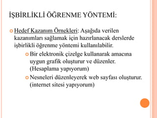 İŞBİRLİKLİ ÖĞRENME YÖNTEMİ:Hedef Kazanım Örnekleri: Aşağıda verilen kazanımları sağlamak için hazırlanacak derslerde işbirlikli öğrenme yöntemi kullanılabilir.