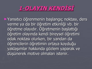 1-OLAYIN KENDİSİ Yansıtıcı öğrenmenin başlangıç noktası, ders verme ya da bir öğretim etkinliği vb. bir öğretme olayıdır. Öğretmenin başlattığı öğretim olayında kendi bireysel öğretimi odak noktası olurken, bir yandan da öğrencilerin öğretimin ortaya koyduğu yaklaşımlar hakkında gözlem yaparak ve düşünerek motive olmaları istenir. 
