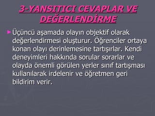 3-YANSITICI CEVAPLAR VE DEĞERLENDİRME Üçüncü aşamada olayın objektif olarak değerlendirmesi oluşturur. Öğrenciler ortaya konan olayı derinlemesine tartışırlar. Kendi deneyimleri hakkında sorular sorarlar ve olayda önemli görülen yerler sınıf tartışması kullanılarak irdelenir ve öğretmen geri bildirim verir. 
