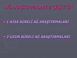 AĞ ARAŞTIRMALARI 2 ÇEŞİTTİR 1-KISA SÜRELİ AĞ ARAŞTIRMALARI 2-UZUN SÜRELİ AĞ ARAŞTIRMALARI 