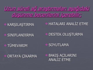 Uzun süreli ağ araştırmaları aşağıdaki düşünme becerilerini içerebilir; KARŞILAŞTIRMA SINIFLANDIRMA TÜMEVARIM ORTAYA ÇIKARMA HATALARI ANALİZ ETME DESTEK OLUŞTURMA SOYUTLAMA BAKIŞ AÇILARINI ANALİZ ETME 