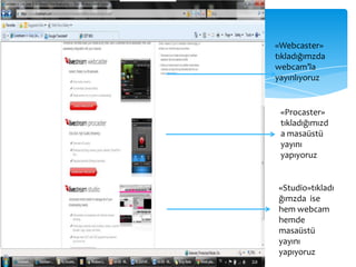 «Webcaster» tıkladığımzda webcam’la yayınlıyoruz«Procaster» tıkladığımızda masaüstü yayını yapıyoruz«Studio»tıkladığımzda  ise hem webcam hemde masaüstü yayını yapıyoruz