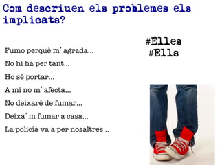 3.	
 Els	
 usos	
 de	
 drogues	
 poden	
 tenir	
 
diferents	
 graus	
 de	
 gravetat/
problemaGcitat.	
 	
 
4.	
 Els	
 consums	
 de	
 drogues	
 problemà@cs	
 
solen	
 ser	
 el	
 resultat	
 d'uns	
 hàbits	
 de	
 
consum	
 lligats	
 a	
 uns	
 esGls	
 de	
 vida	
 
determinats,	
 en	
 uns	
 contextos	
 concrets.	
 
5.	
 Existeixen	
 riscos	
 i	
 problemes	
 més	
 
importants	
 que	
 l'addició.	
 
 